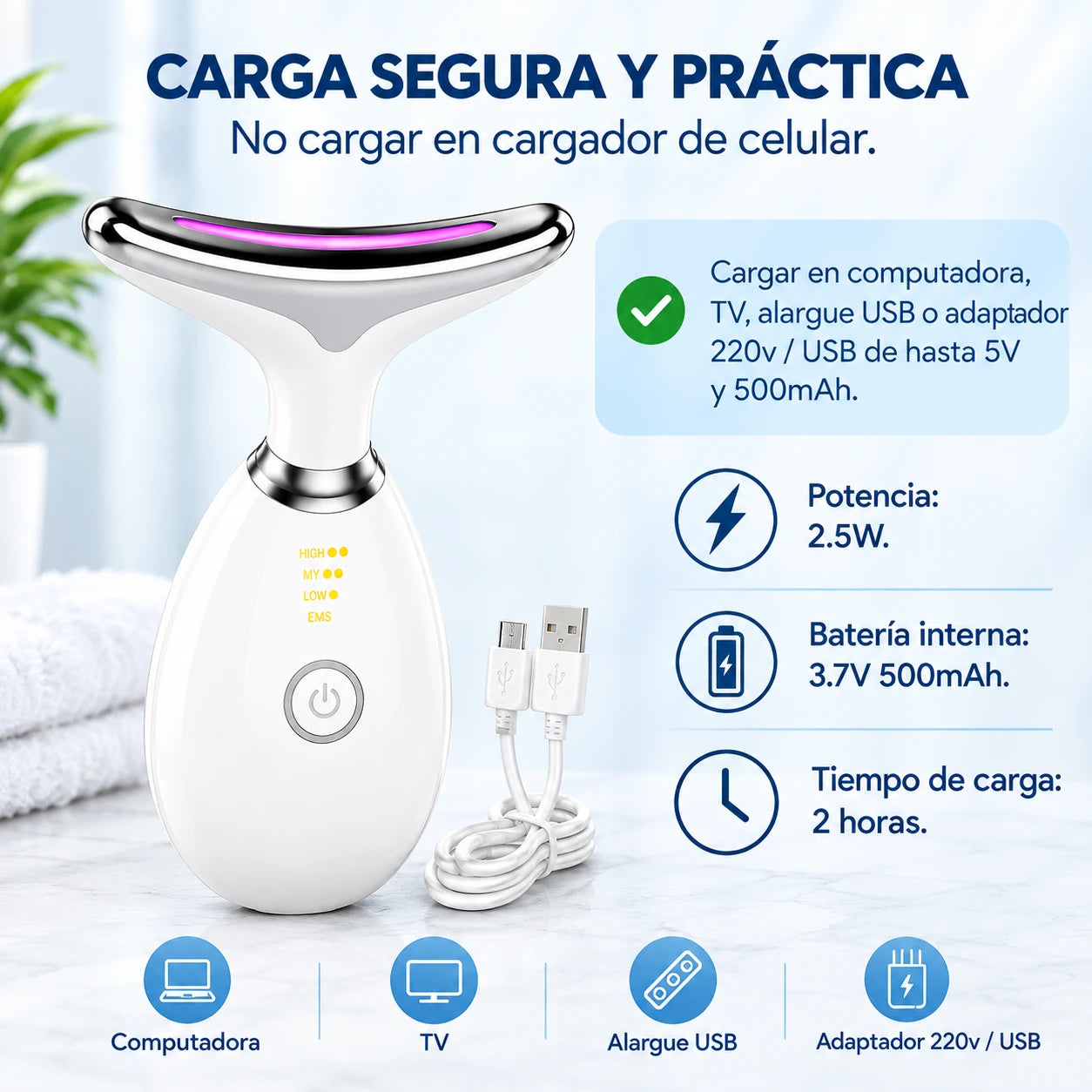 Carga segura por USB en computadora, TV, alargue USB o adaptador 220V