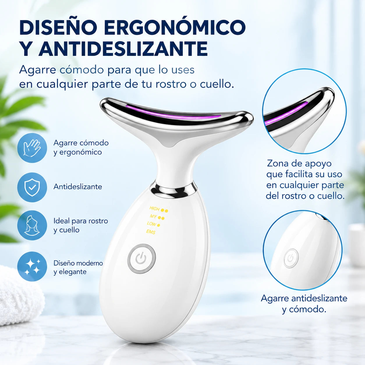 Diseño ergonómico y antideslizante del masajeador facial