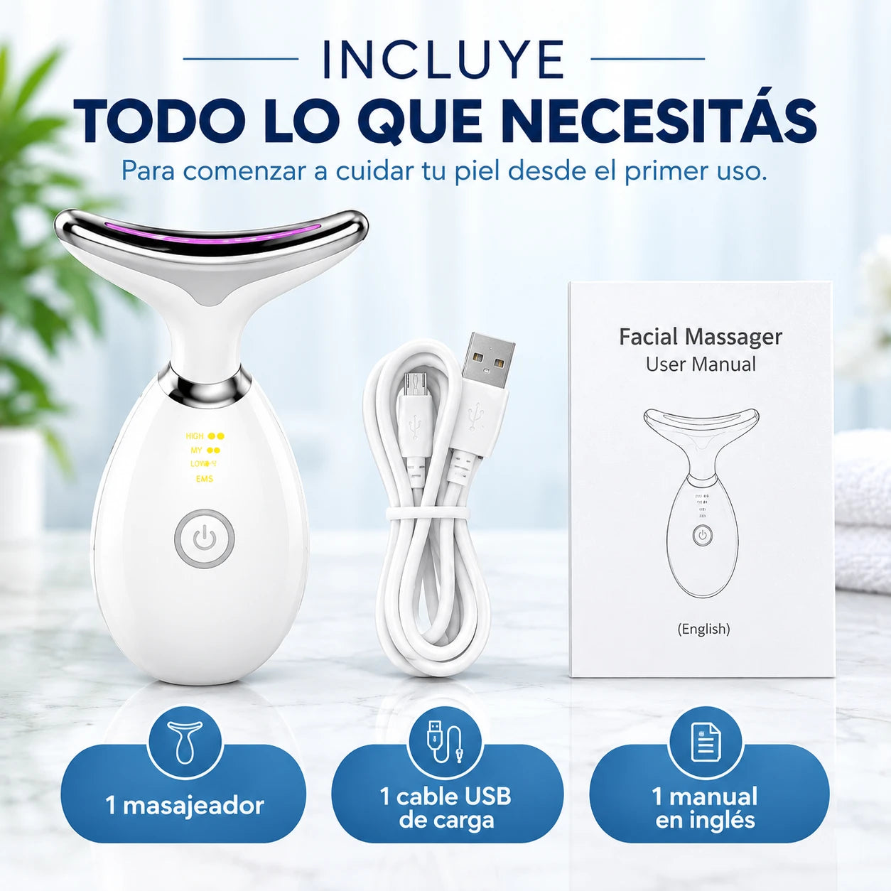 Incluye: 1 masajeador, 1 cable USB de carga y 1 manual en inglés