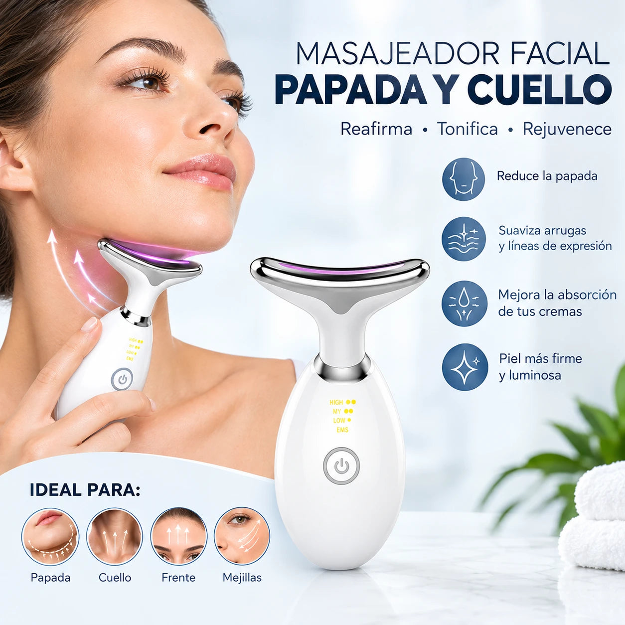 Mujer usando el masajeador facial en la papada y el cuello